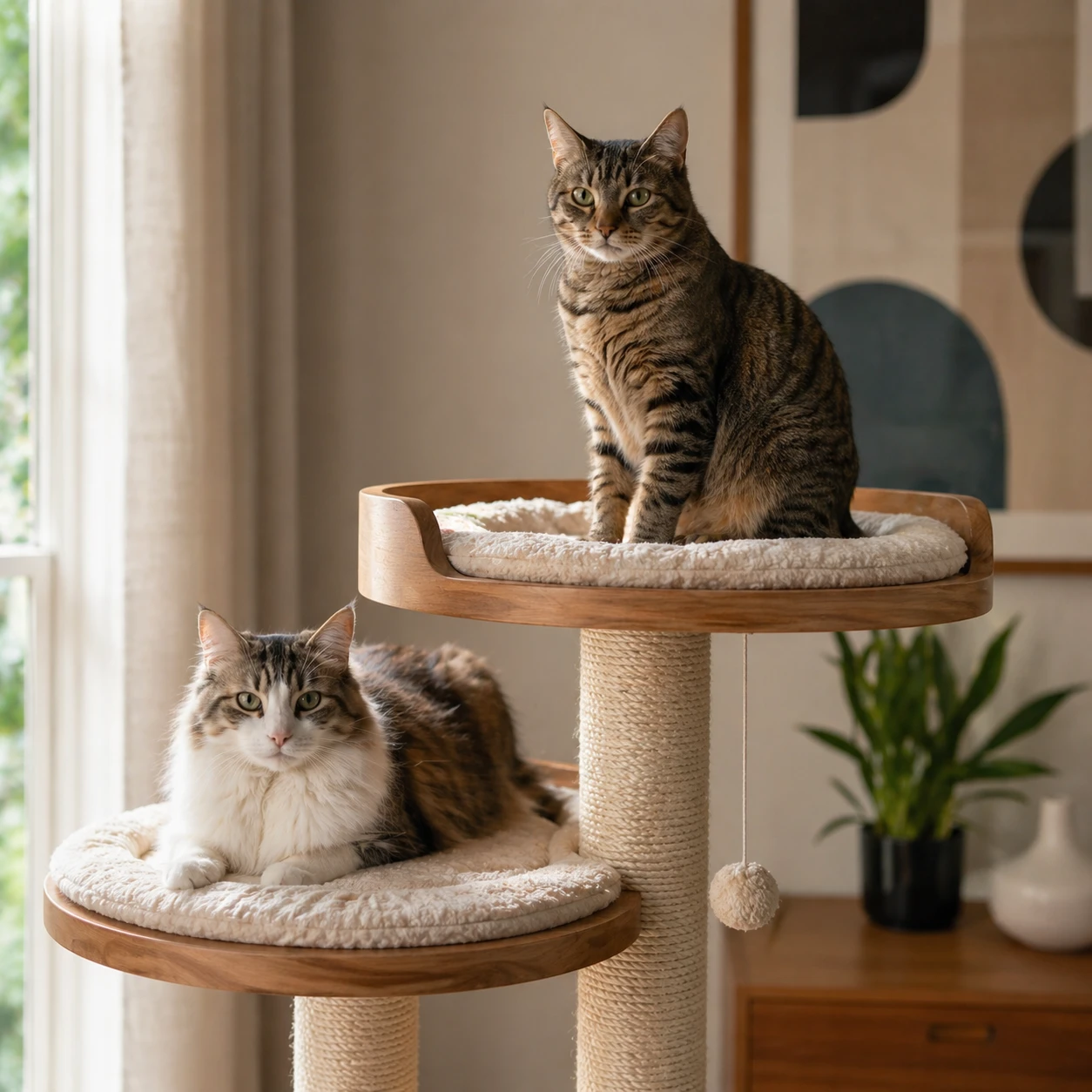 Two cats sharing adjacent platforms on a multi-level cat gym, one sitting and one lying with relaxed body language