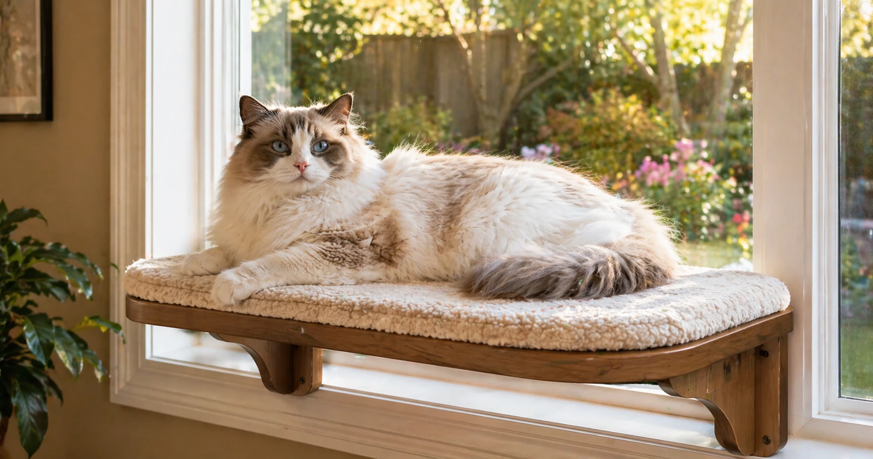 Large Maine Coon cat sitting comfortably on a wide, sturdy window perch in afternoon sunlight
