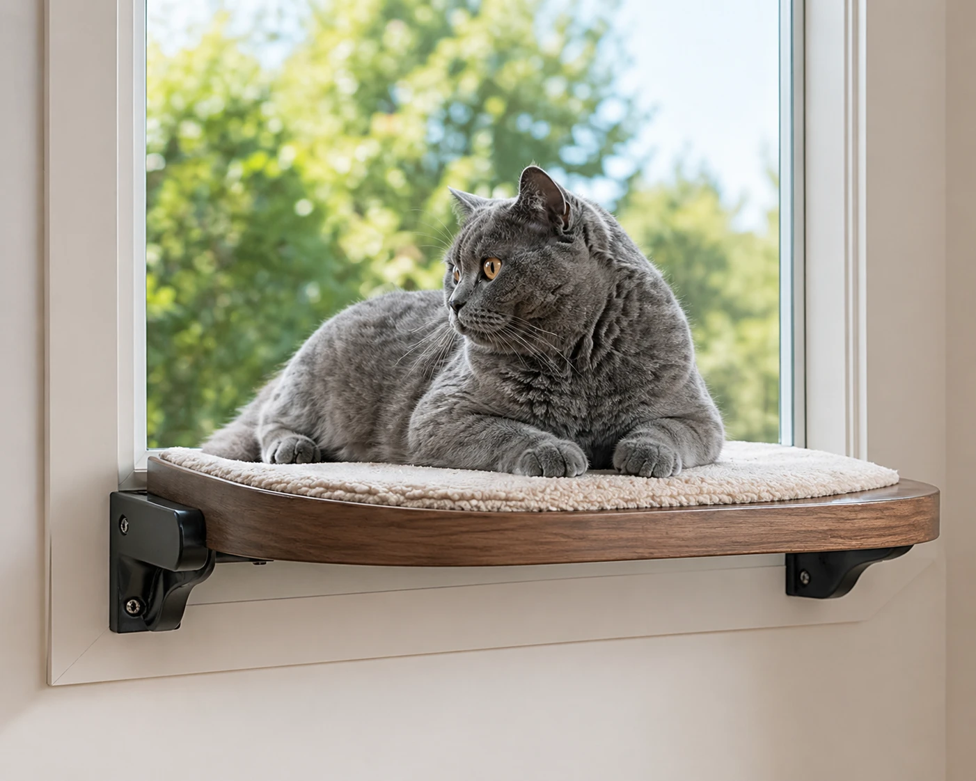 Close-up of cat window perch mounted securely and safely to the window frame
