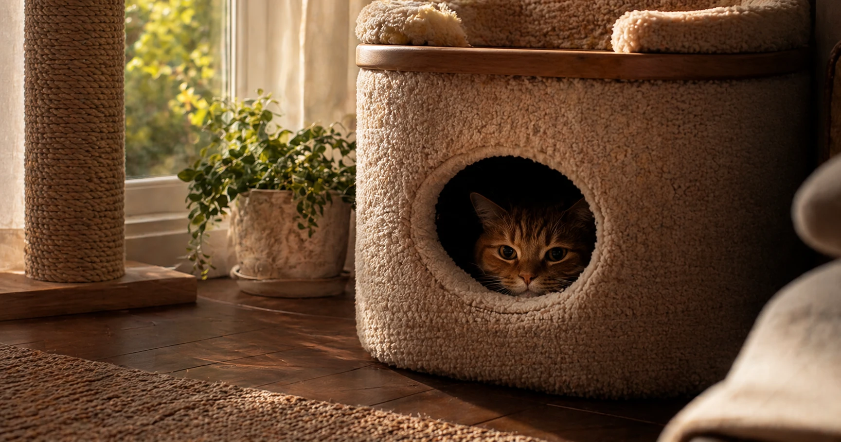 Shy cat peeking out from inside a cozy enclosed cat condo with circular entry hole, warm golden light