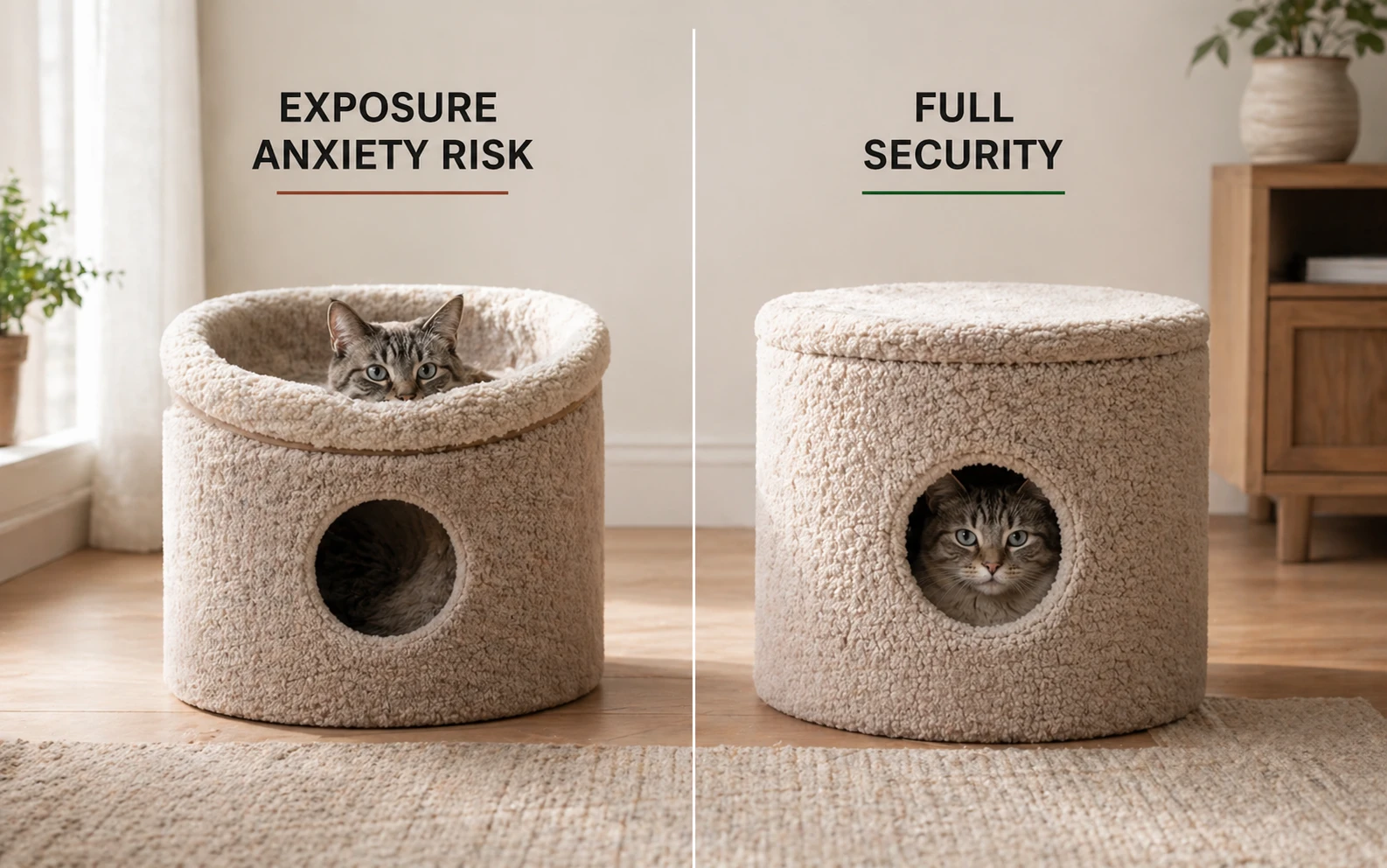 Side-by-side comparison of an open-top cat condo labeled exposure anxiety risk versus a fully enclosed cat condo with single entry hole labeled full security