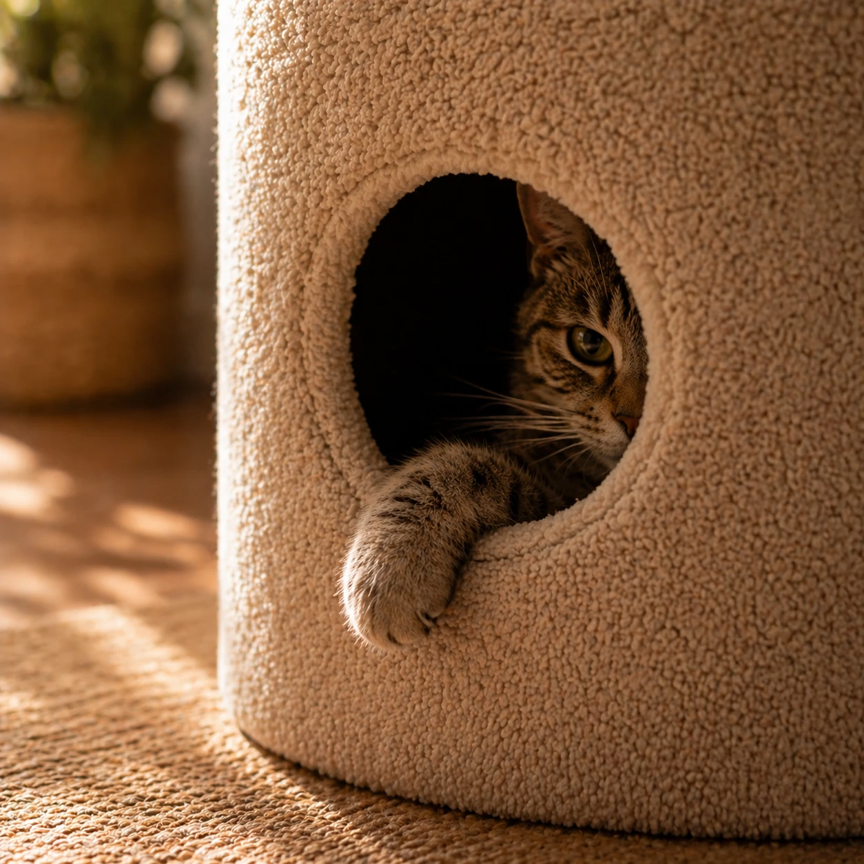 Close-up of a cat's paw draped over the entry hole edge of an enclosed cat condo, warm ambient light, calm mood