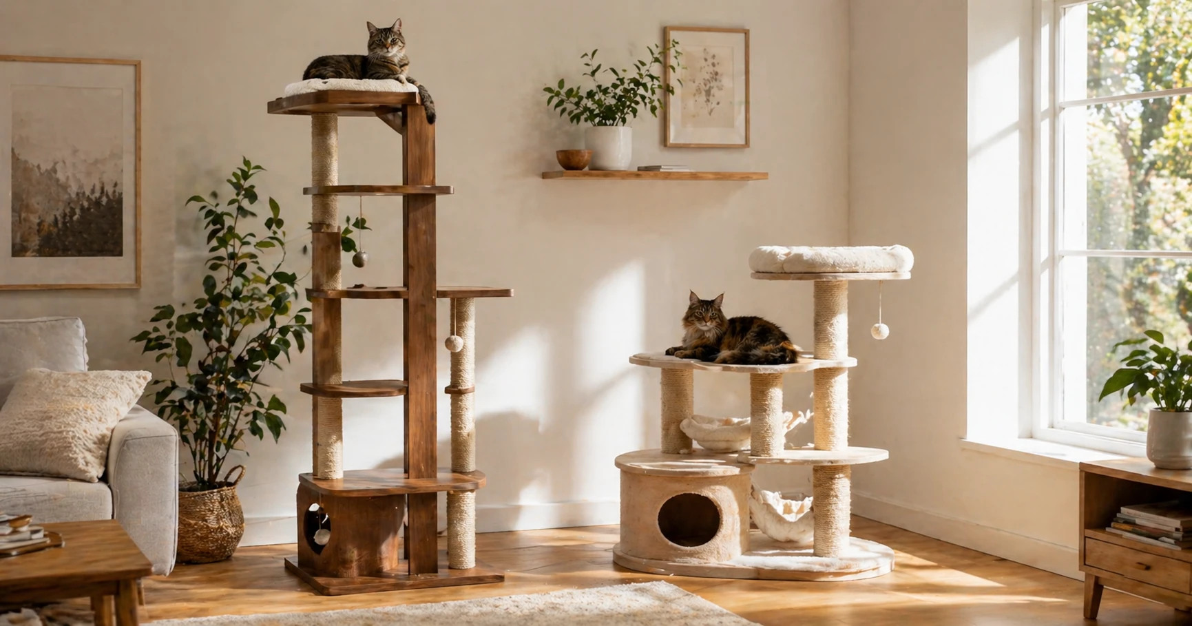 Tall solid wood cat gym beside a wide sturdy shorter cat tree in a bright living room, one cat relaxed on each
