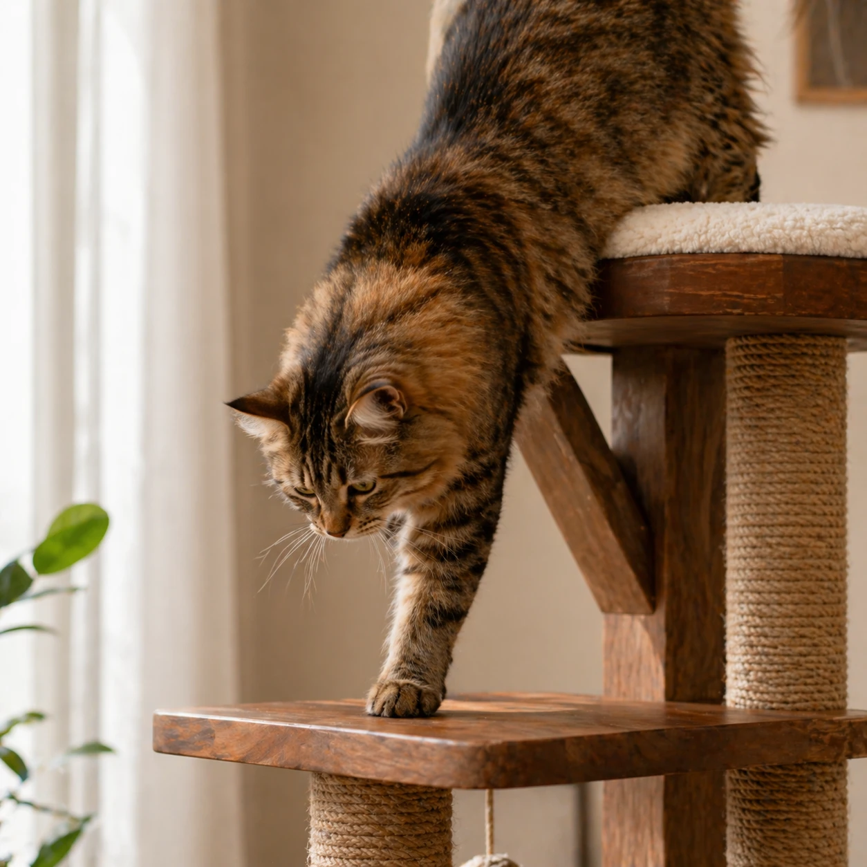 Cat carefully stepping from a high perch to a lower platform, cautious paw placement, warm indoor light