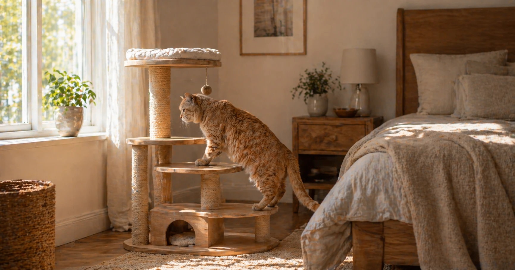 Older cat carefully and deliberately climbing a low-entry cat gym in warm morning light, cozy bedroom setting