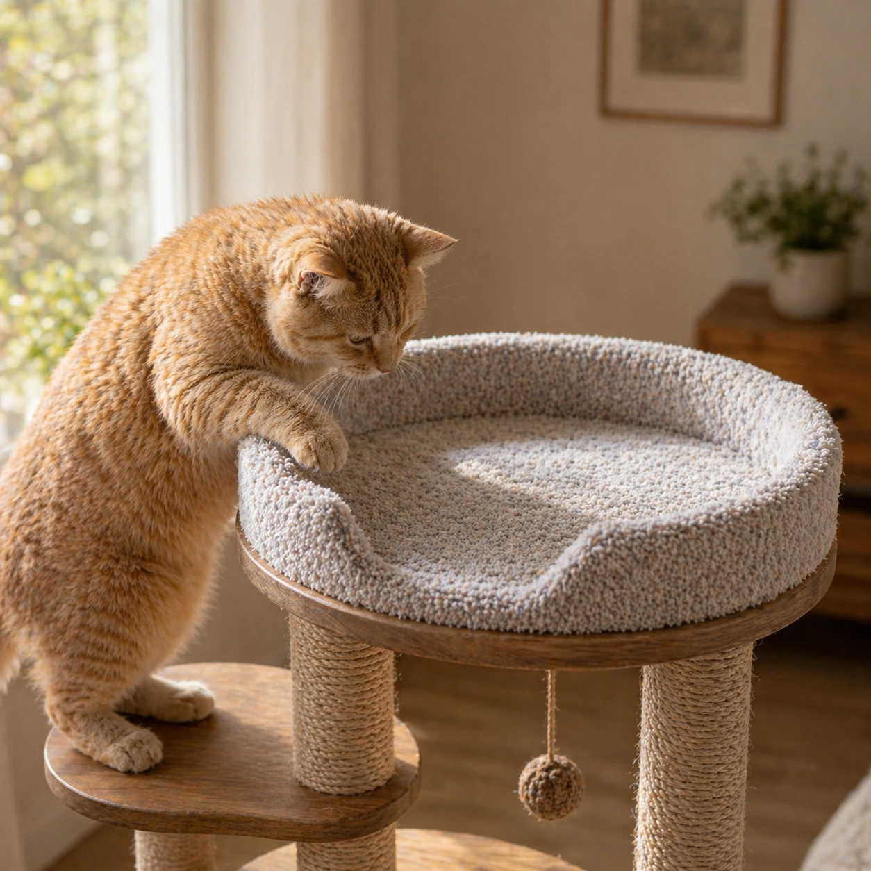 Close-up of a wide padded cat perch with low lip edges designed for stepping onto rather than jumping, warm light and inviting texture