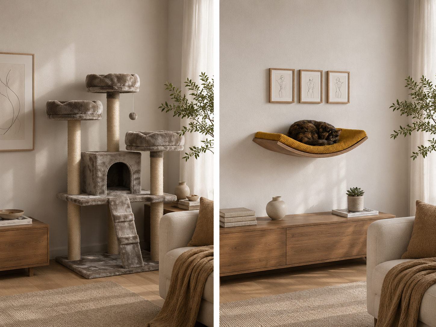 Design-forward cat wall shelf versus generic cat tree in the same living room -- CatsPlay.com