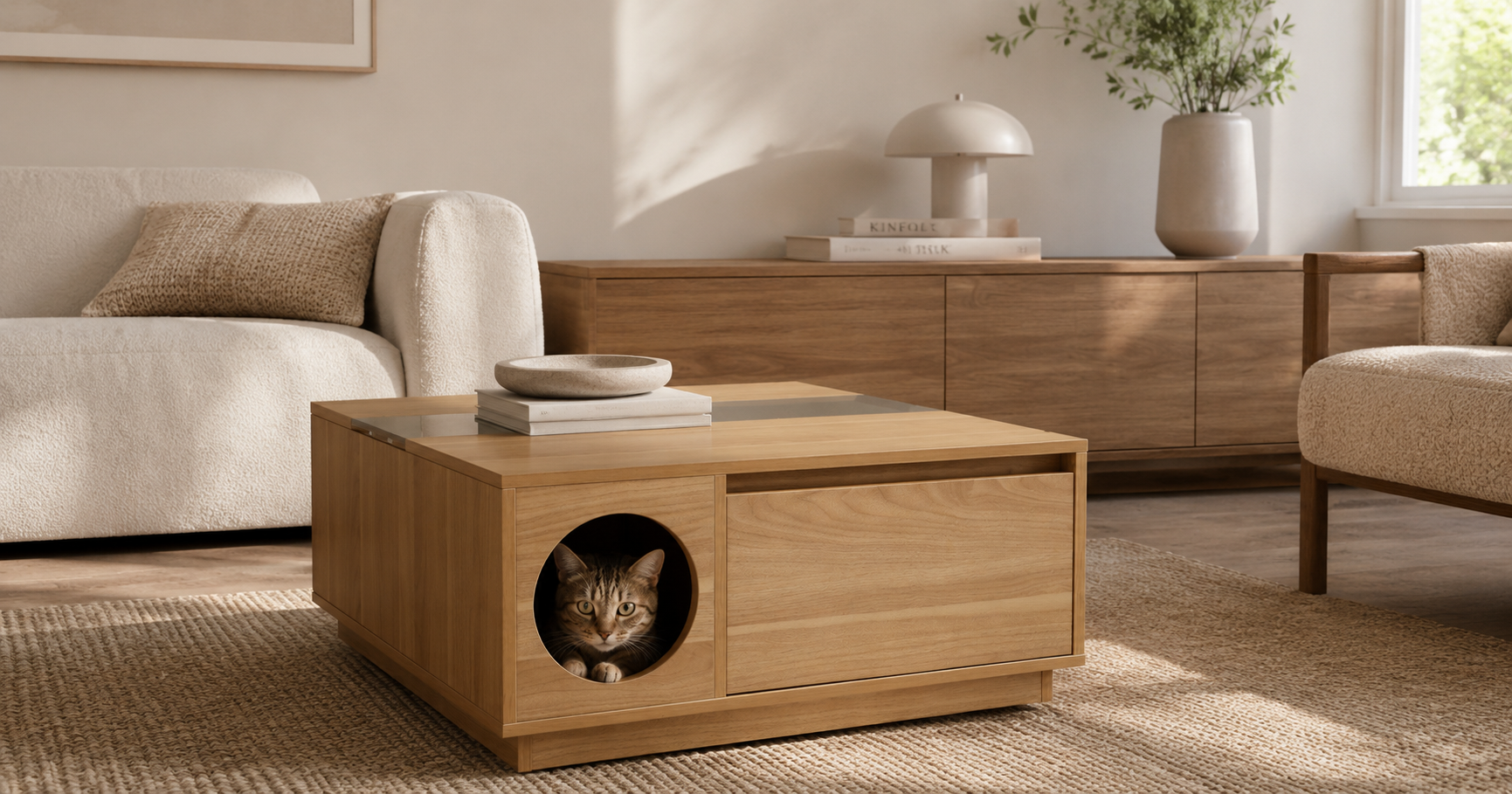 Modern living room with furniture-grade cat condo coffee table -- CatsPlay.com