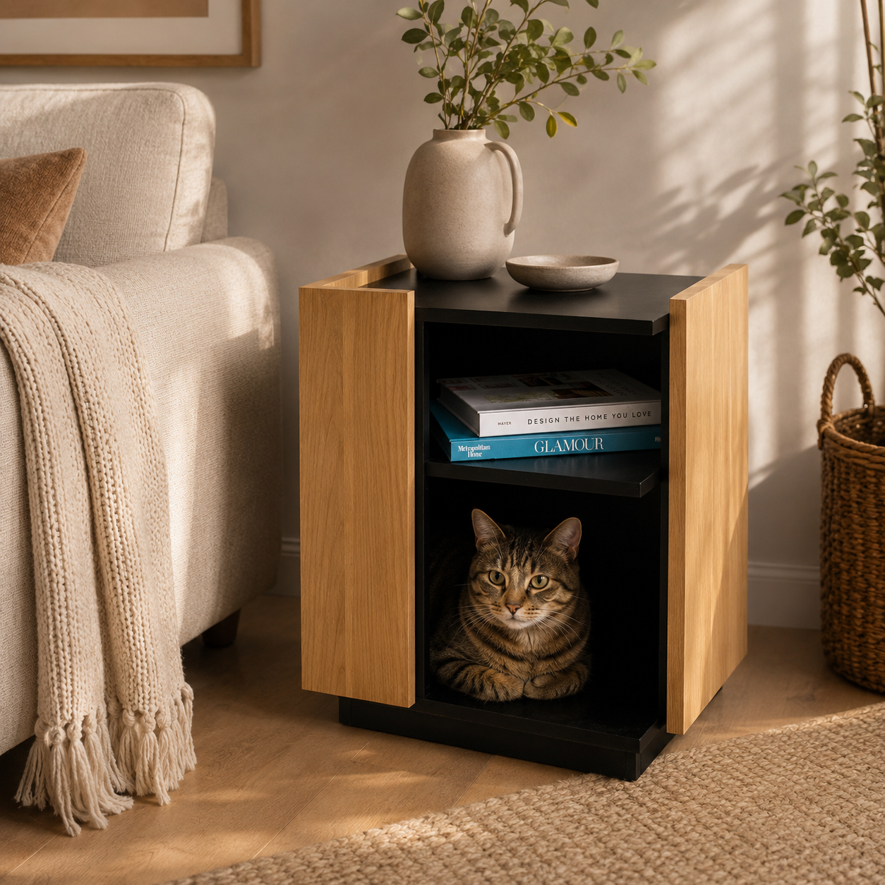 Cat emerging from furniture-grade side table pet nook -- CatsPlay.com