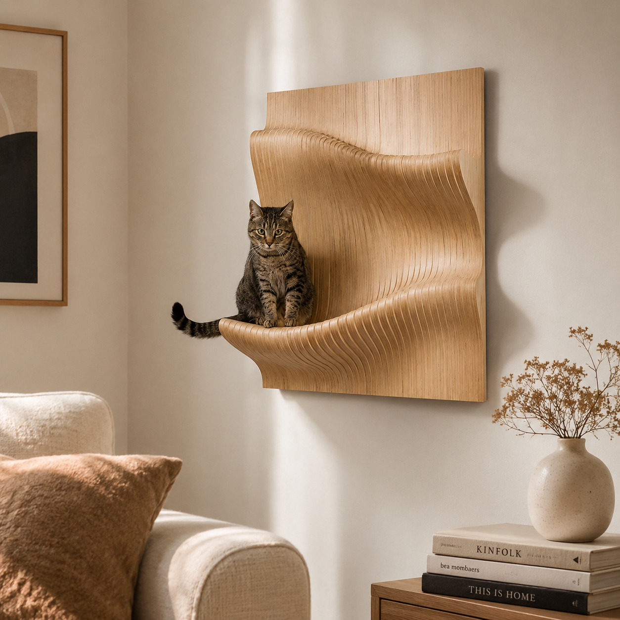 Curved cat wall shelf styled with decor near a window -- CatsPlay.com