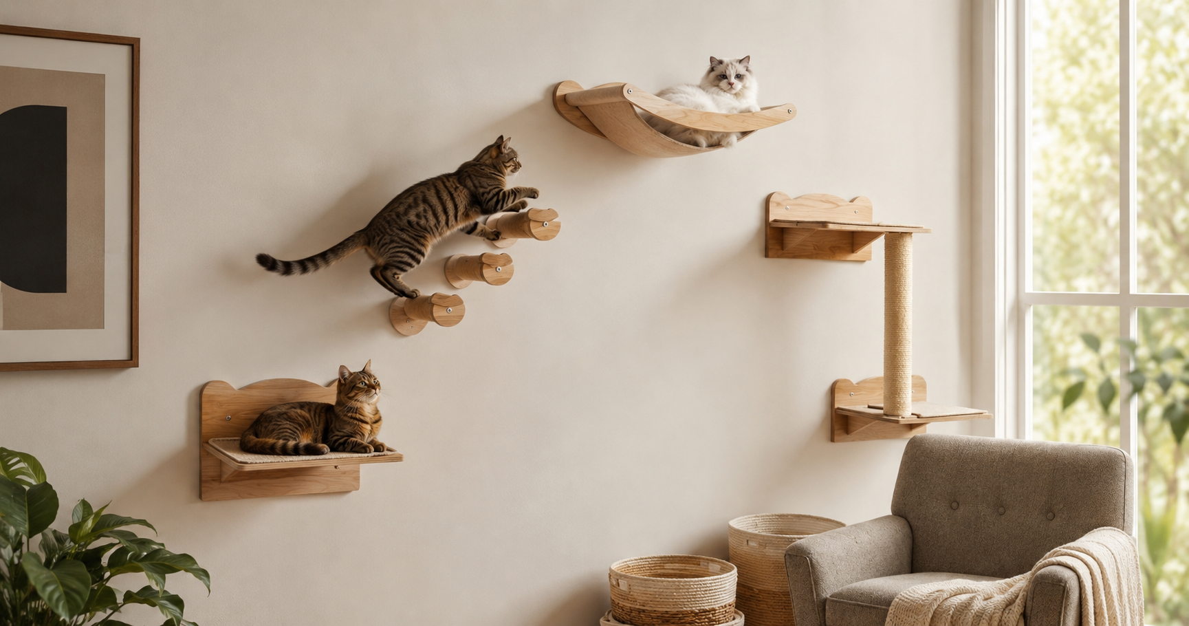 Cat perched high on cat wall shelf surveying room below -- CatsPlay.com