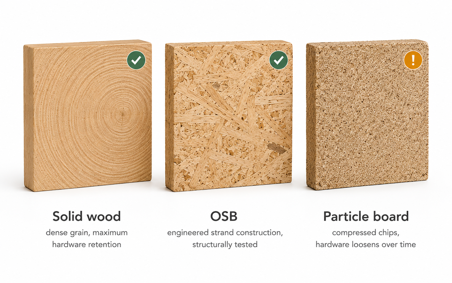 Three wood material samples showing solid wood and OSB as quality construction materials versus particle board
