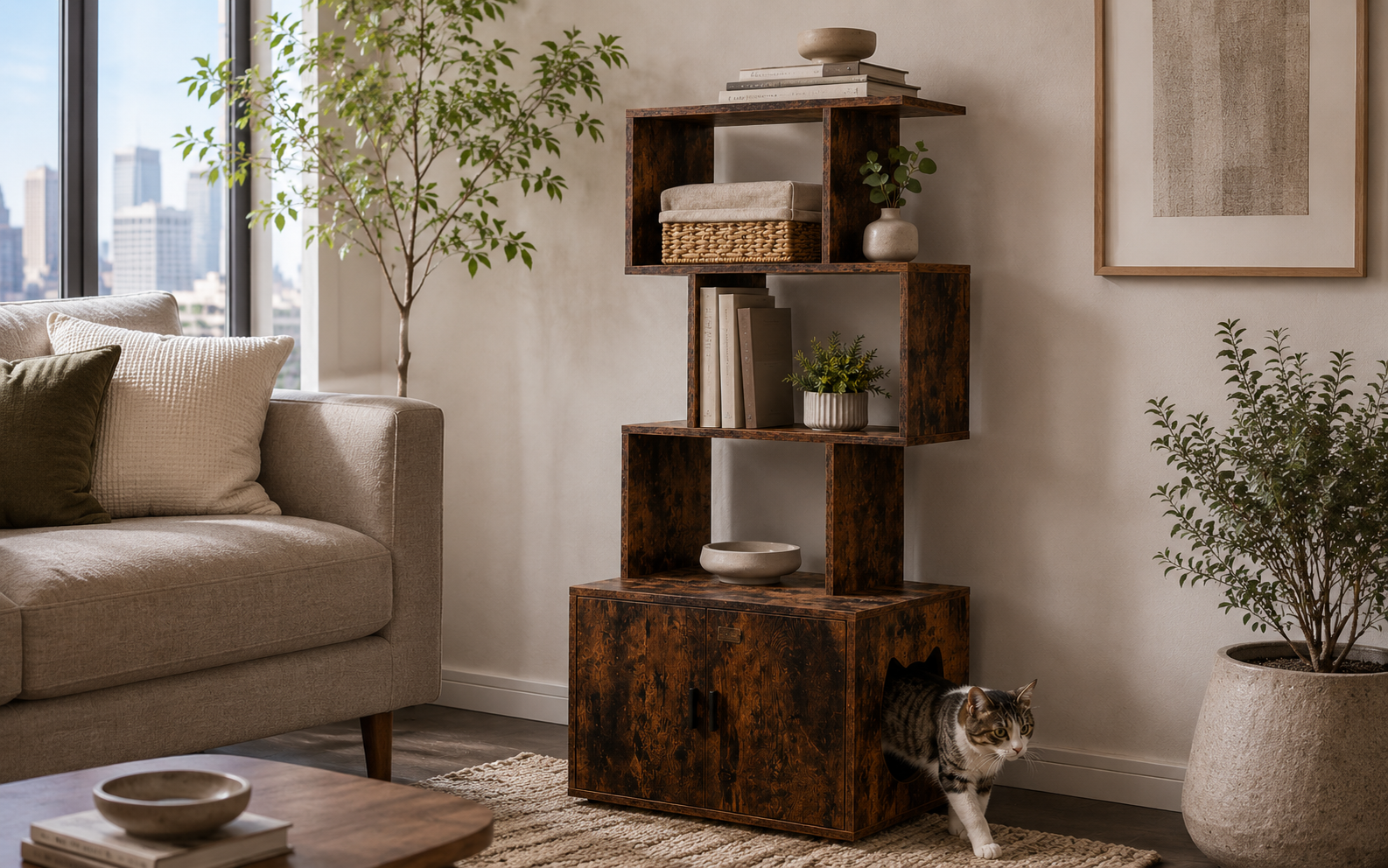 Tall litter box enclosure with open display shelves above showing books and plants in a styled room