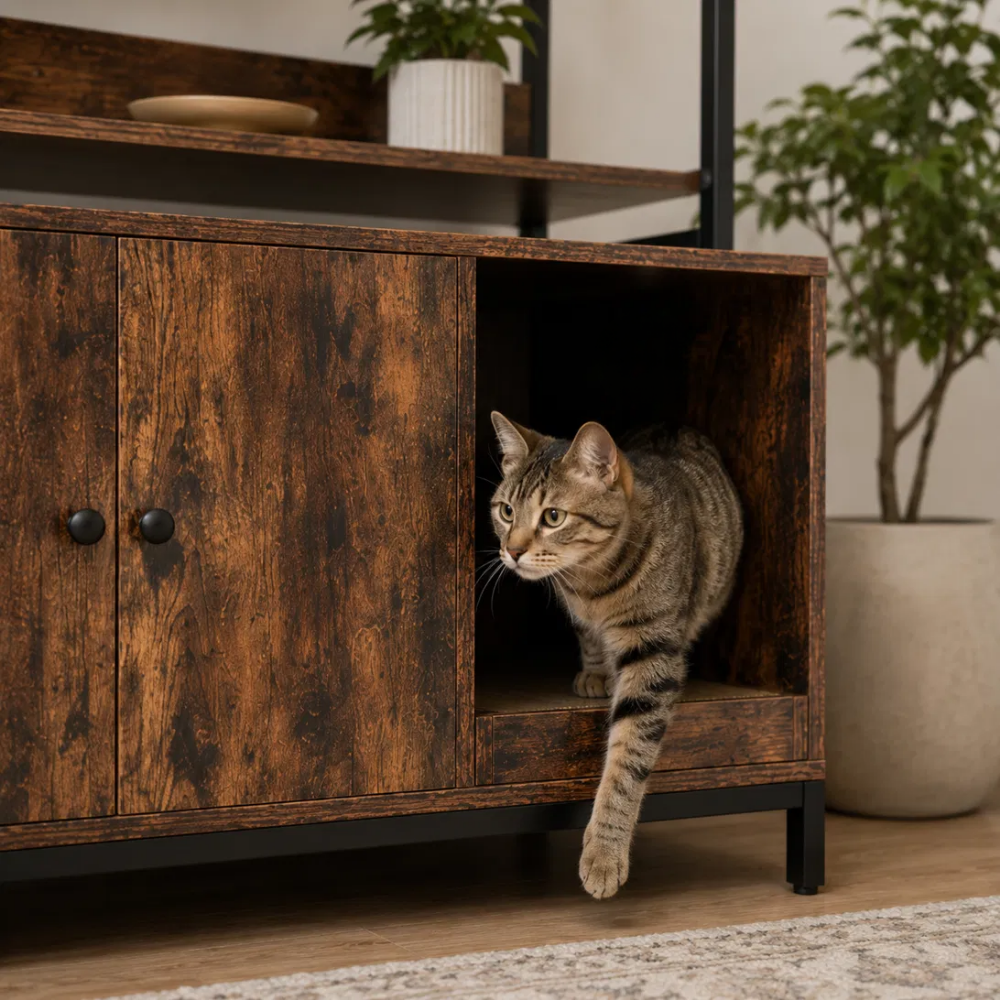 Cat comfortably exiting a litter box cabinet with relaxed posture -- CatsPlay.com