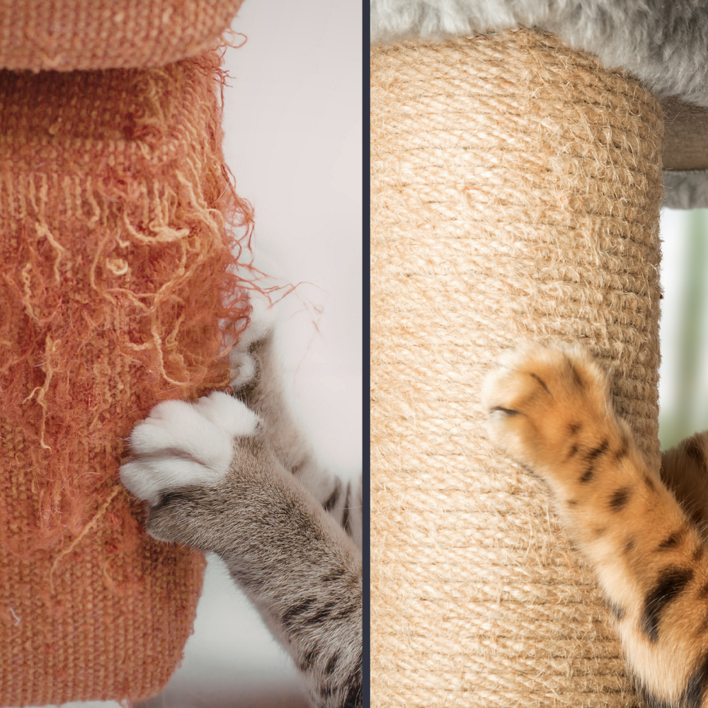 Close-up of sisal rope scratching post texture -- the material and wrapping style that holds up to daily use