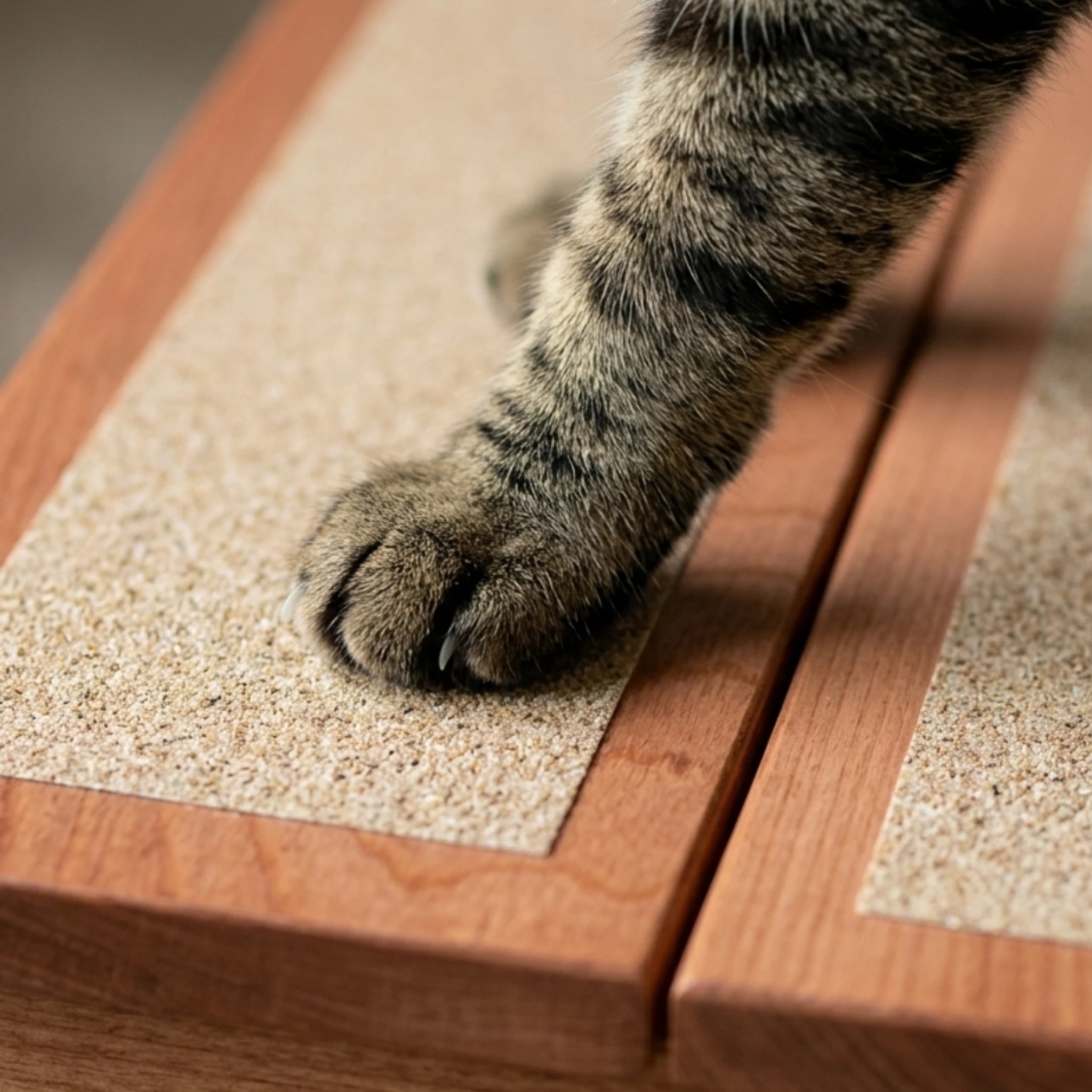 Close-up of a cat's paw on a textured non-slip stair tread