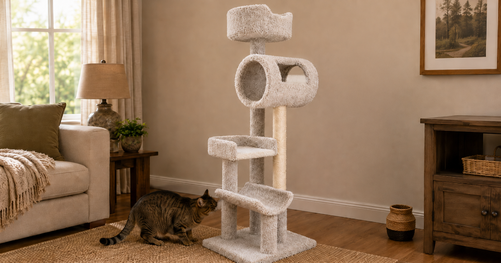 Cat cautiously sniffing the base of a new cat tree -- the early investigation behavior that precedes full adoption
