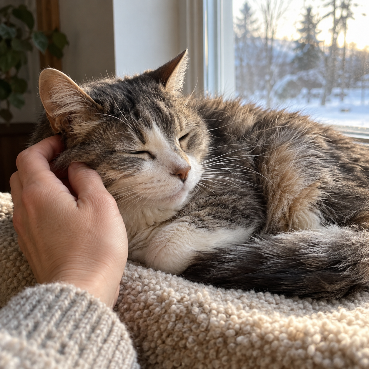 Hand stroking an older cat resting on a low carpeted perch by a winter window
