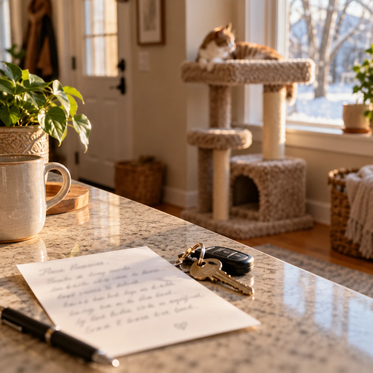 Note for the cat sitter on a counter with a cat resting on a cat tree behind it