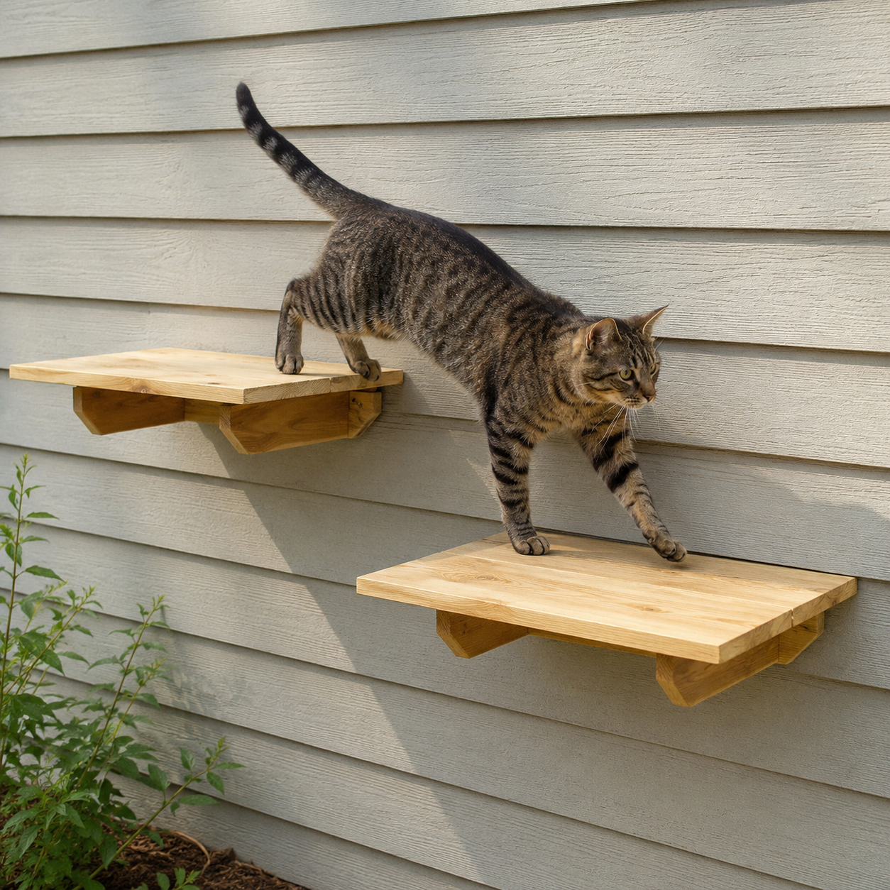 Cat moving between outdoor cat wall shelves in a catio