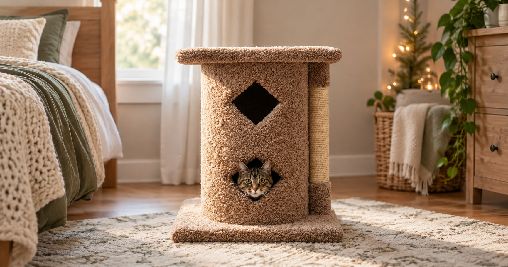 Newly adopted adult cat peeking out of a cat condo in a quiet room during the holidays