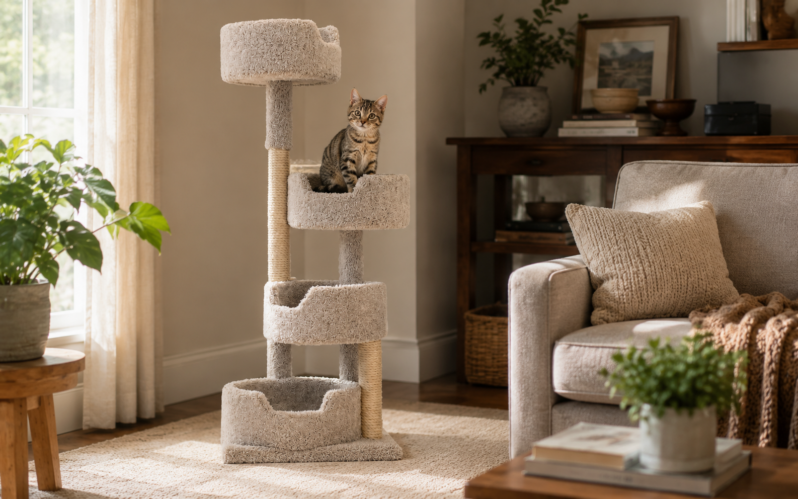 Growing kitten confidently using a mid-level cat gym platform