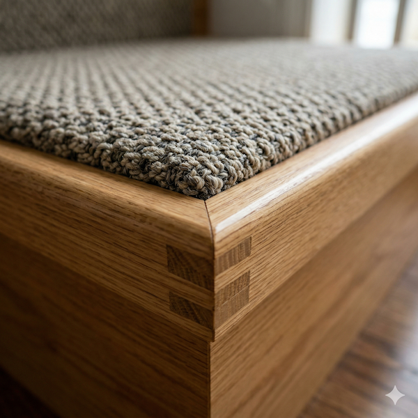 Macro detail of high-traction carpet and solid wood construction on a pet ladder