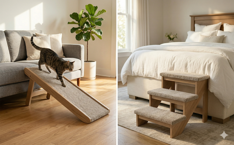 Comparison between a pet ramp and a set of pet stairs in a studio setting