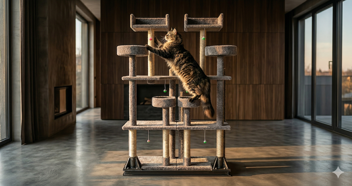 A powerful Maine Coon cat mid-climb on a rock-solid, stationary wooden tower