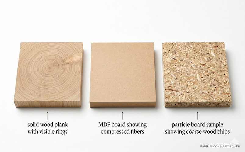 Side-by-side comparison of solid wood, MDF, and particle board samples