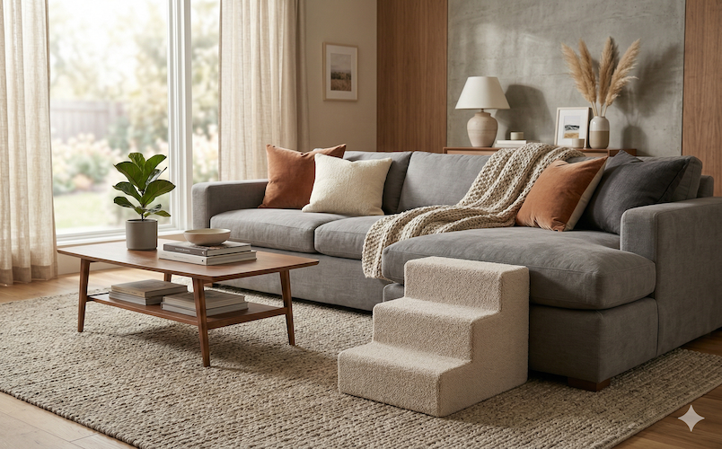 Compact carpeted support steps positioned for easy couch access