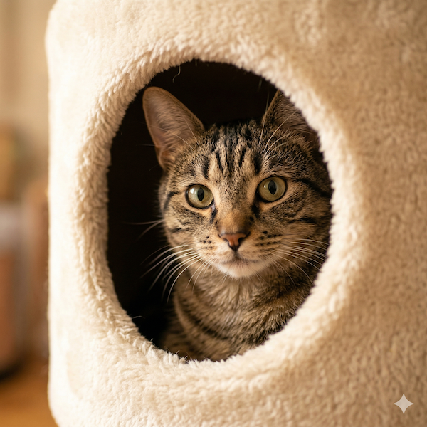 Cat peeking out from the circular entry hole of a plush condo
