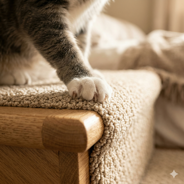Macro detail of a cat's paw on a carpeted stair step showing high-traction texture