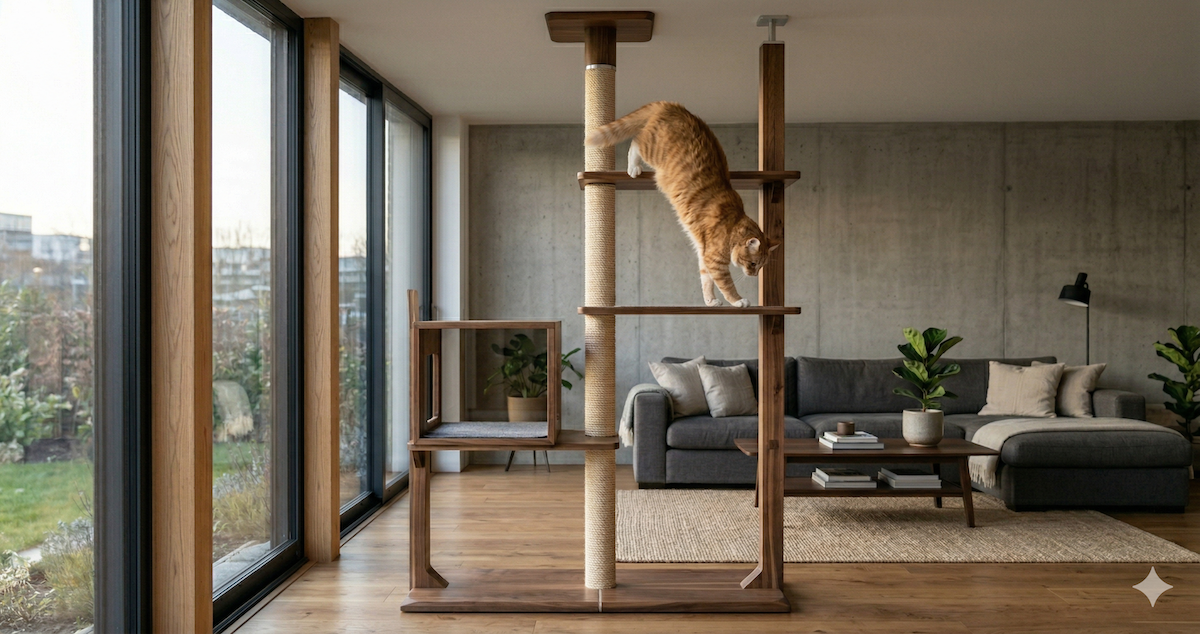 A large cat leaping onto a stationary, heavy-duty wooden climbing structure