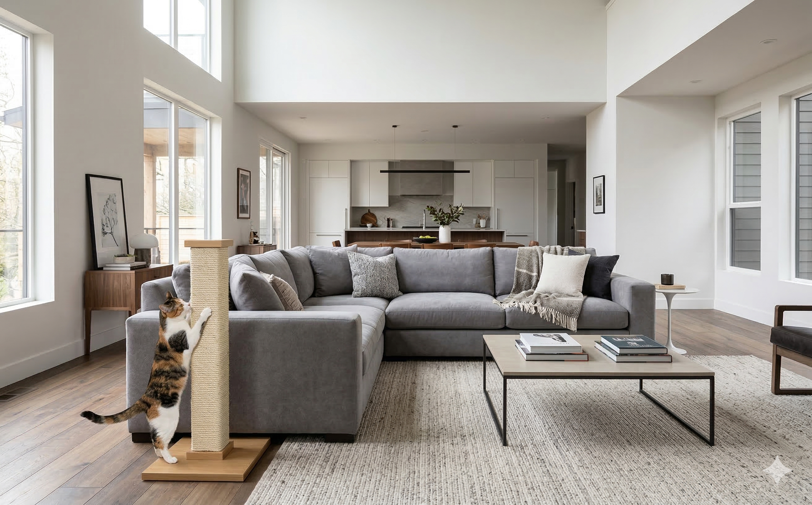 Strategic placement of a scratching post next to a sofa