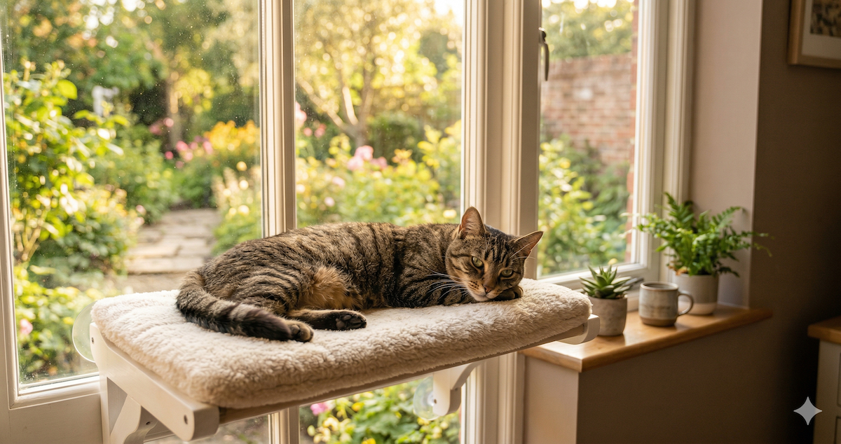 A content cat lounging on a sunlit window perch with a garden view