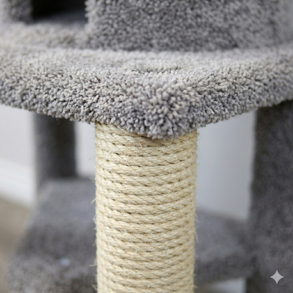 Detailed view of $5\text{-inch}$ diameter sisal posts and $0.75\text{-inch}$ plywood