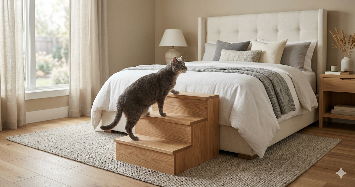 An elderly gray cat using stylish wooden stairs to access a tall bed