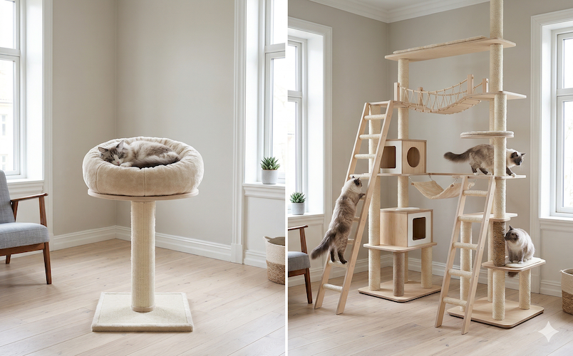 A comparison of a standard cat tower versus an interconnected cat climbing gym