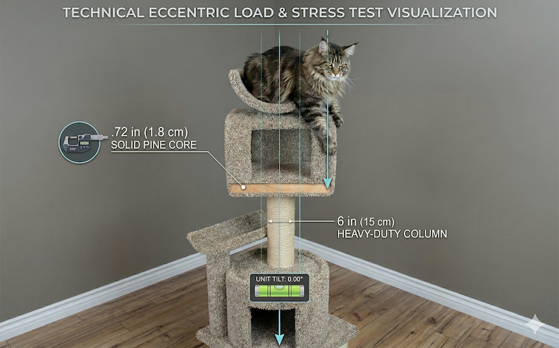 A technical view of a thick solid wood base and a wide-platform cat tree