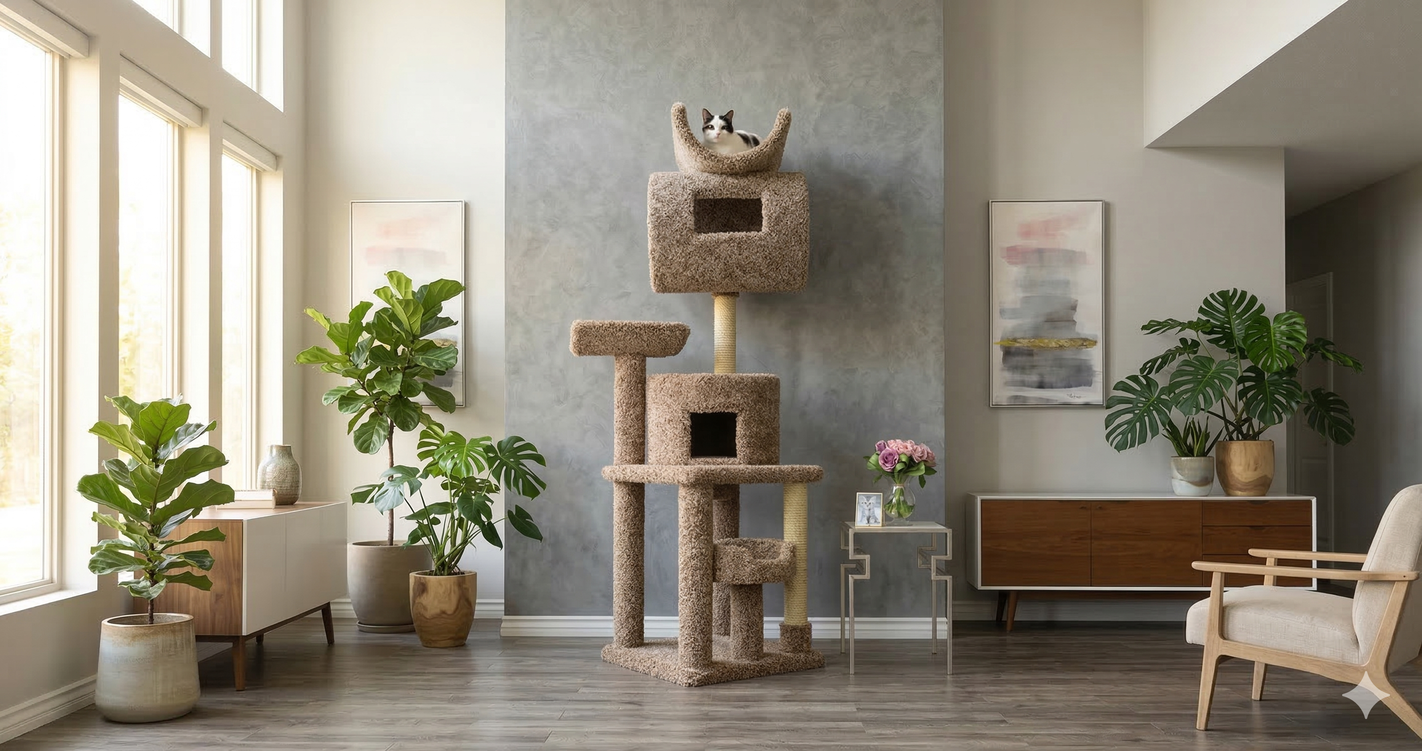 A calm, confident cat sitting atop a tall, sunlit custom cat tree in a peaceful living room