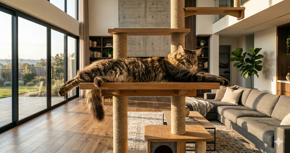 A large Maine Coon fully stretched out on an oversized wooden cat perch