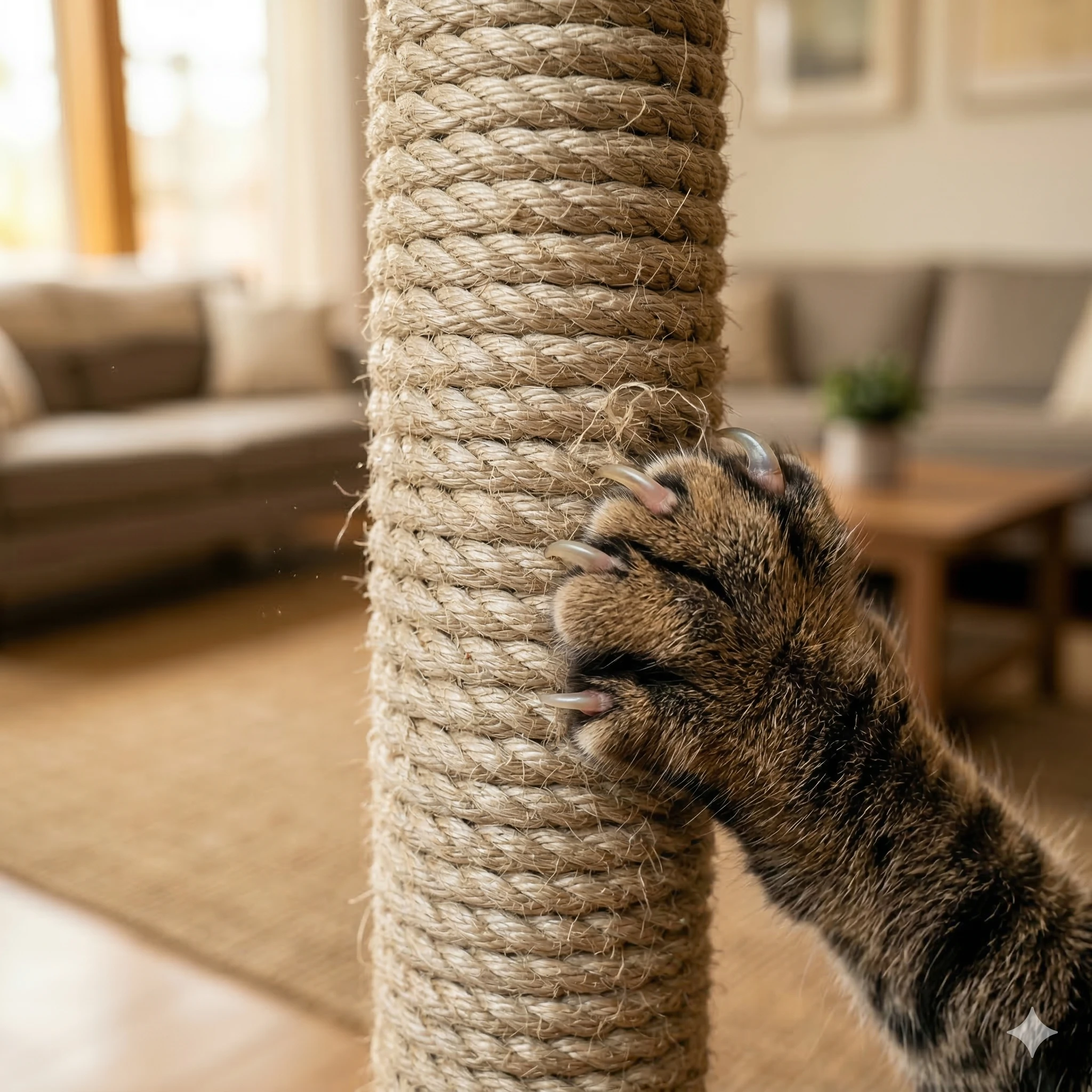 Close-up of a cat's paw scratching sisal rope texture