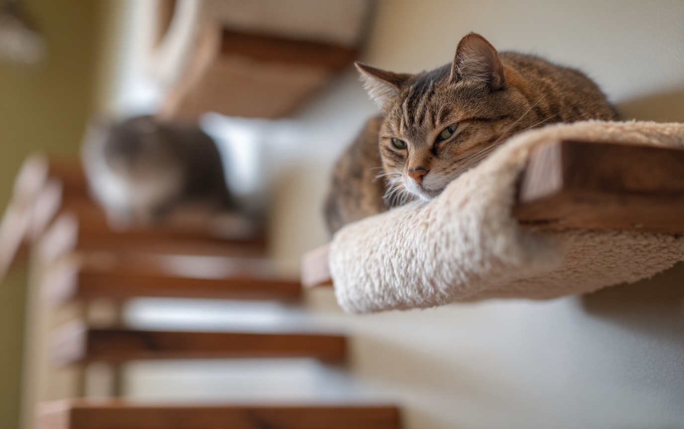 Cats peacefully coexisting at different shelf heights