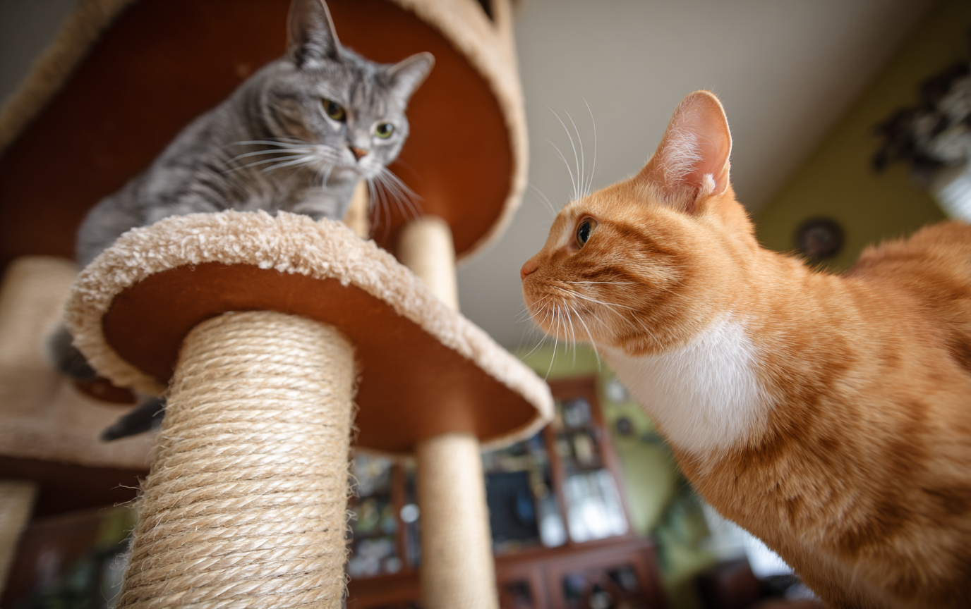 Multiple cats coexisting on a large cat gym