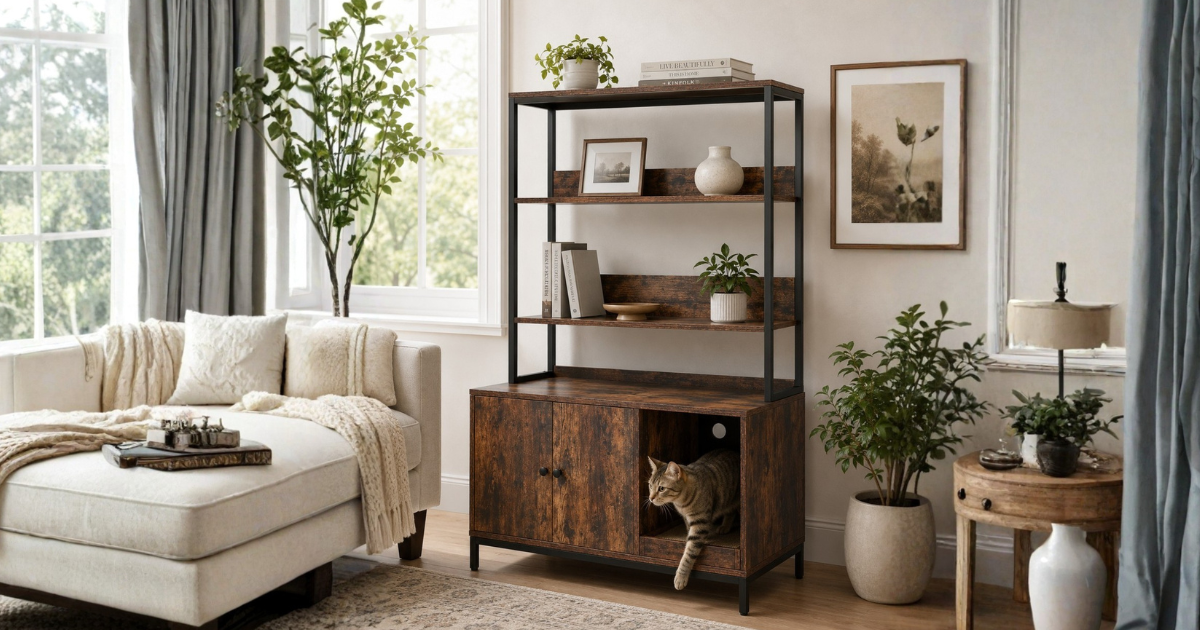 Modern litter box cabinet with cat entering through opening, clean interior styling -- CatsPlay.com