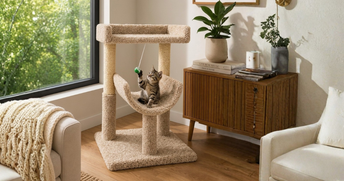 Kitten exploring a compact low-profile cat tree in a cozy home interior -- CatsPlay.com