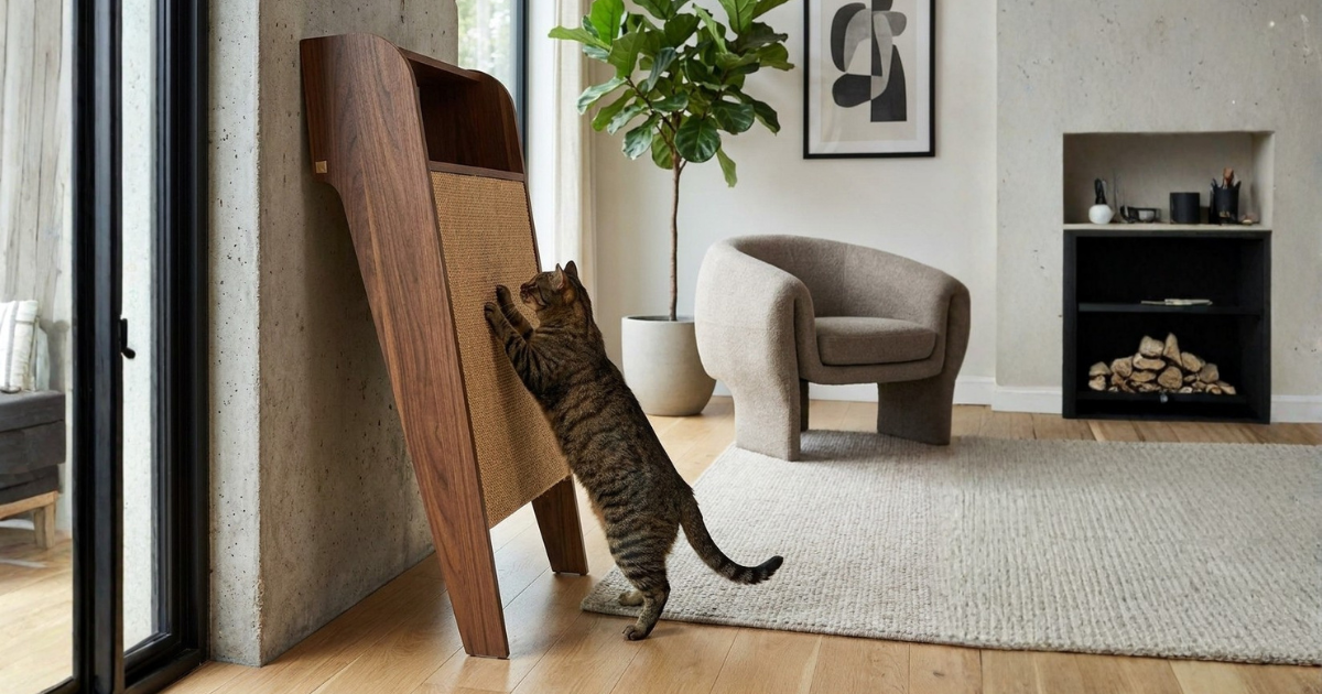 Cat stretching and scratching on a tall sisal rope post -- the vertical format cats use to stretch and mark territory