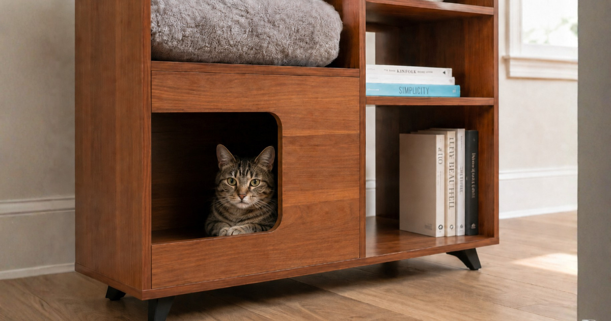 Clifford cat tree bookshelf in a styled living room