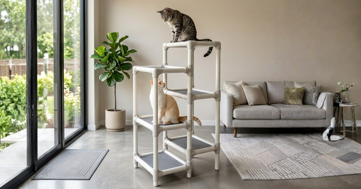 Two cats using different tiers of a modular cat climbing system
